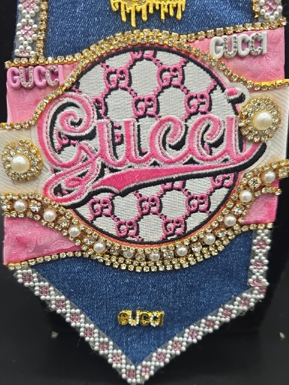 Blue Denim Tie Necklace with Pink & Gold Embellishments - Picture 2 of 4